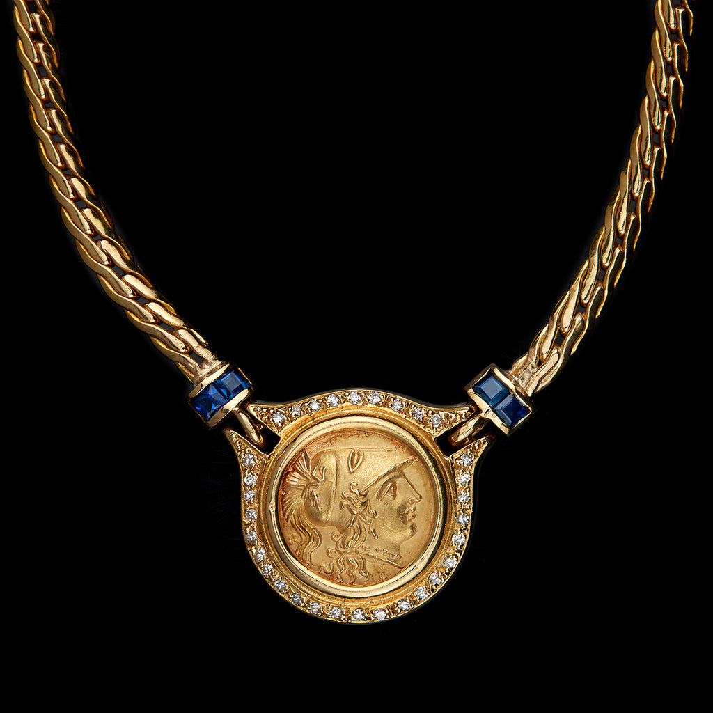 18k Gold & Diamond Ancient Coin Design Necklace