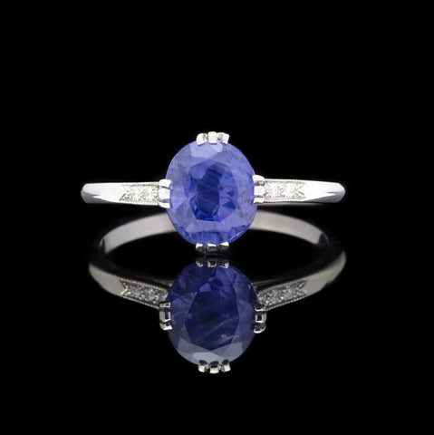 2.09 carat Natural Purplish-Blue Oval Sapphire in French Platinum & Diamond Mounting