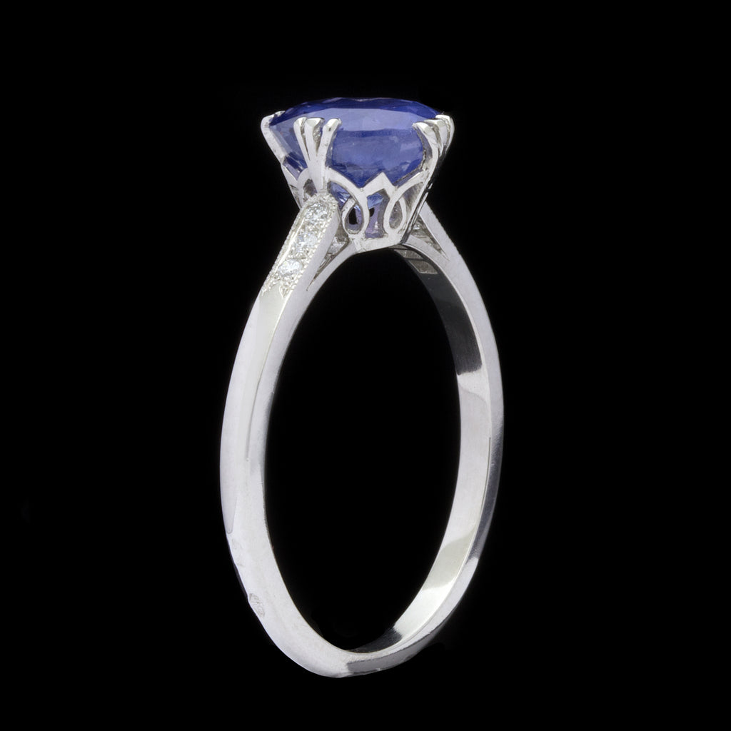 2.09 carat Natural Purplish-Blue Oval Sapphire in French Platinum & Diamond Mounting