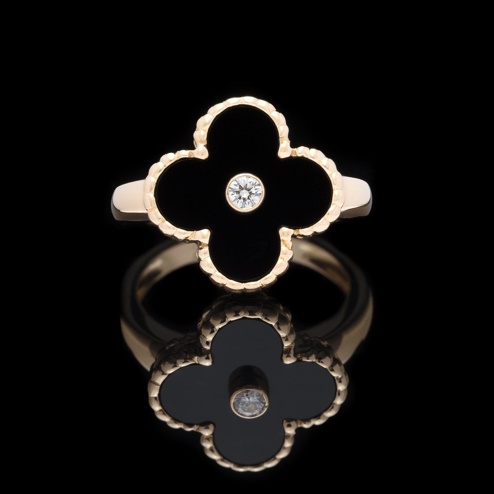 Estate Van Cleef & Arpels Alhambra Onyx & Diamond Ring - 66mint