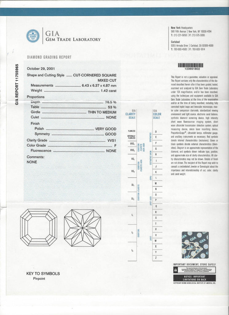 GIA 1.42ct F/VVS1 Cut-Cornered Square Mixed Cut Platinum Ring