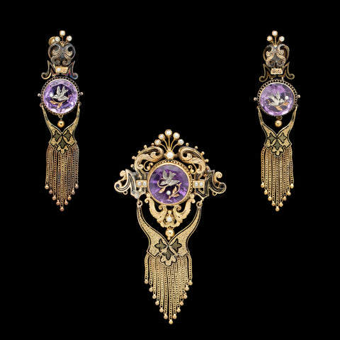 Victorian 1870s Amethyst Intaglio Brooch and Earring Set