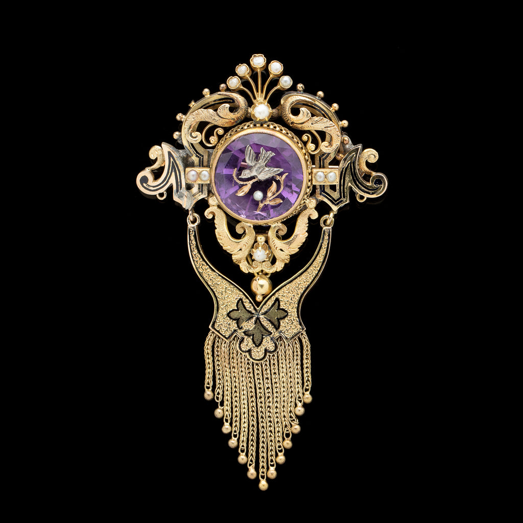 Victorian 1870s Amethyst Intaglio Brooch and Earring Set