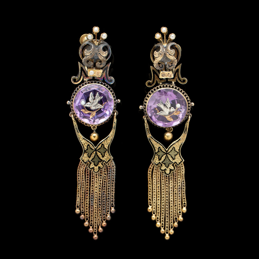 Victorian 1870s Amethyst Intaglio Brooch and Earring Set