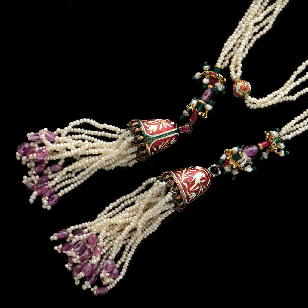 Indian Seed Pearl, Enamel & Gold Tassel Lariat Necklace