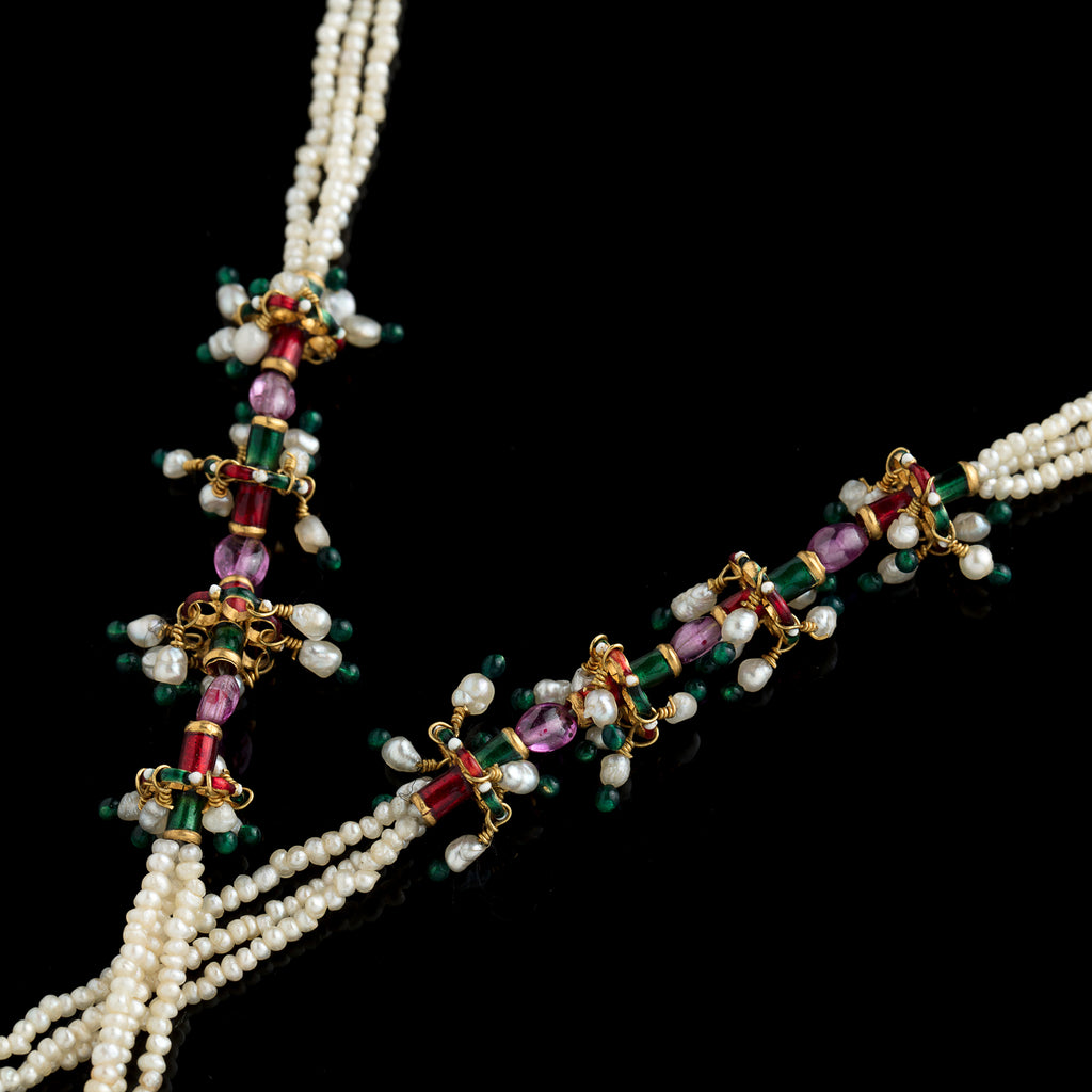 Indian Seed Pearl, Enamel & Gold Tassel Lariat Necklace