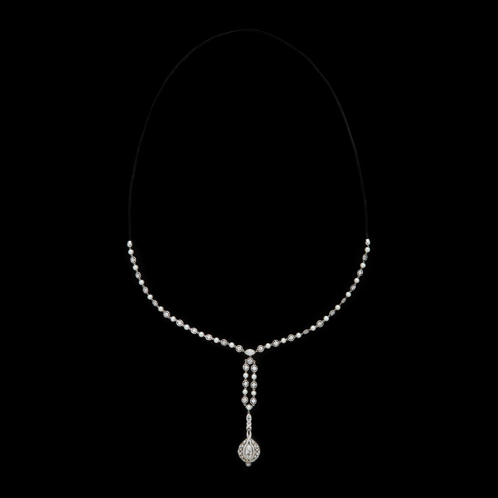 Art Deco Diamond, Pearl & Platinum Pendant Watch Necklace