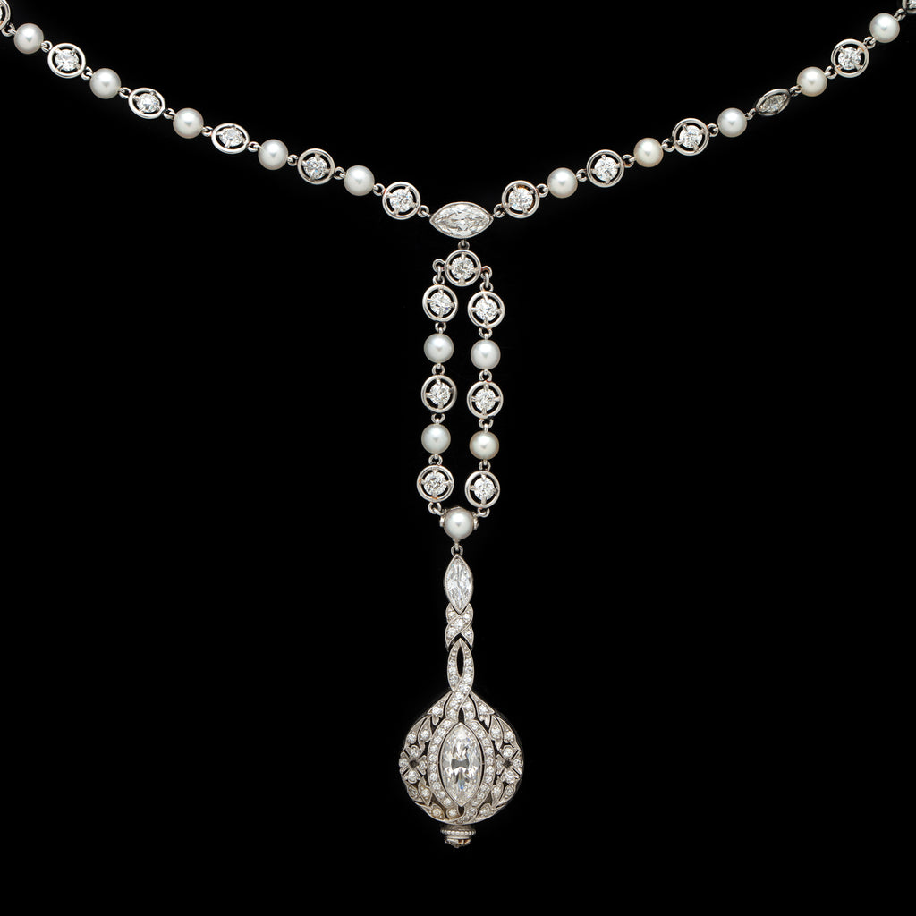 Art Deco Diamond, Pearl & Platinum Pendant Watch Necklace
