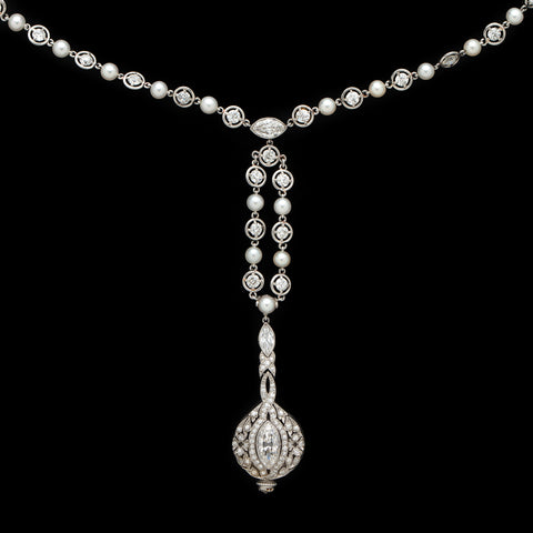Art Deco Diamond, Pearl & Platinum Pendant Watch Necklace