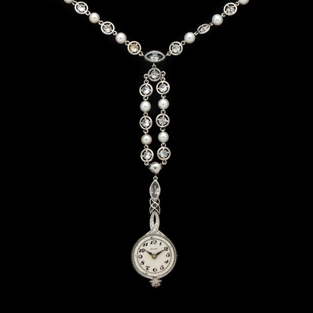 Art Deco Diamond, Pearl & Platinum Pendant Watch Necklace