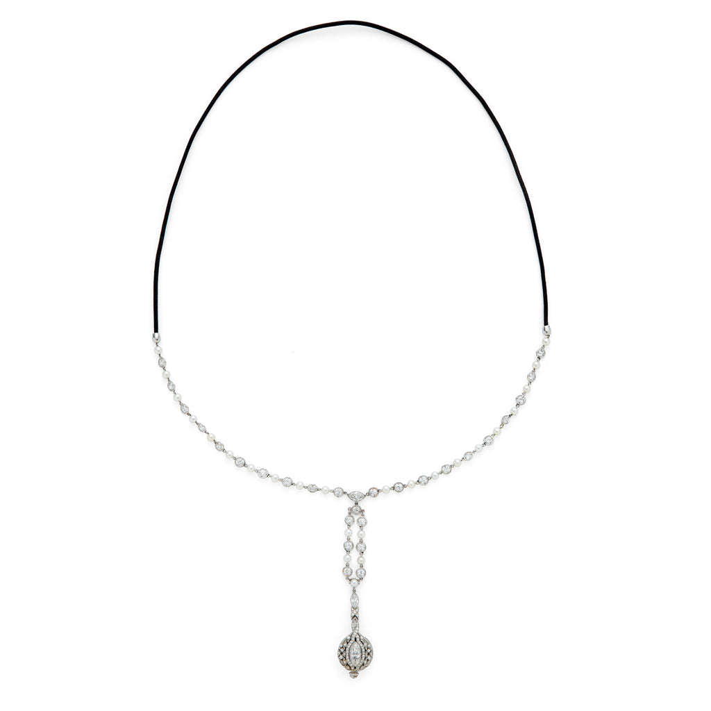 Art Deco Diamond, Pearl & Platinum Pendant Watch Necklace