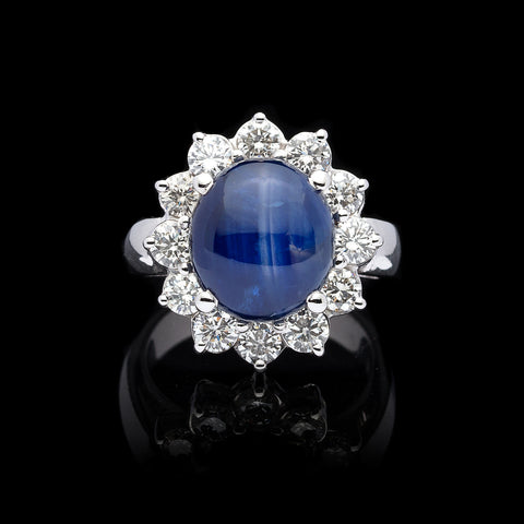 Blue Star Sapphire and Diamond Ring