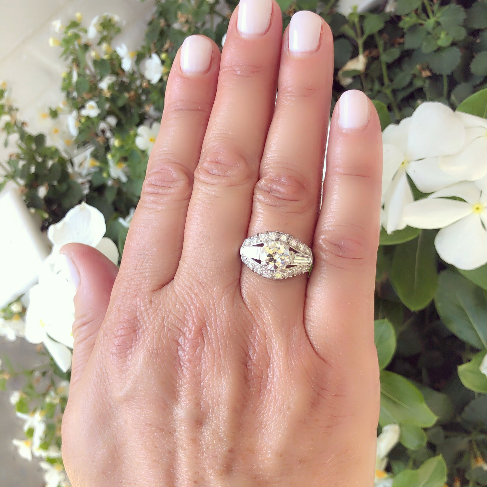 Vintage Diamond Engagement Ring and Wedding Band Bridal Set in 14K Whi