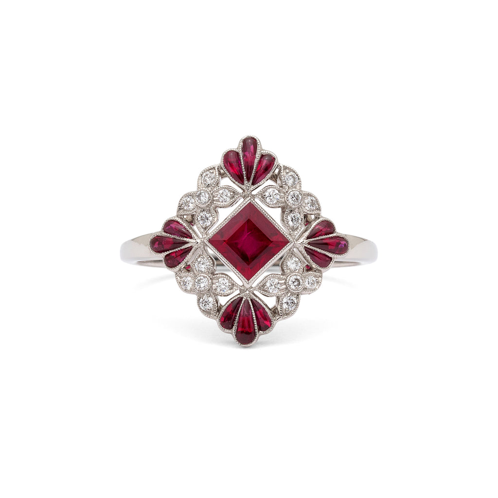 Lovely Floral Ruby & Diamond Platinum Ring