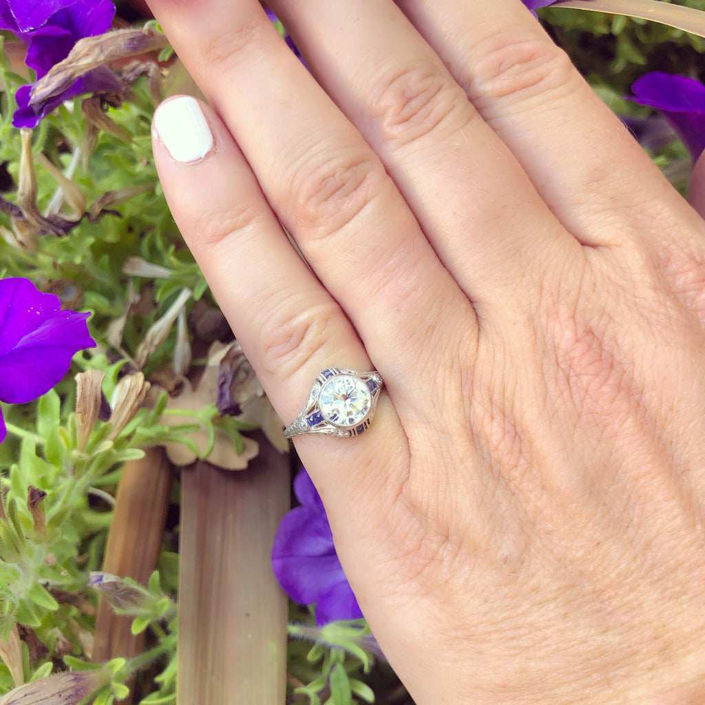 1.21ct Diamond & Sapphire Antique Engagement Ring