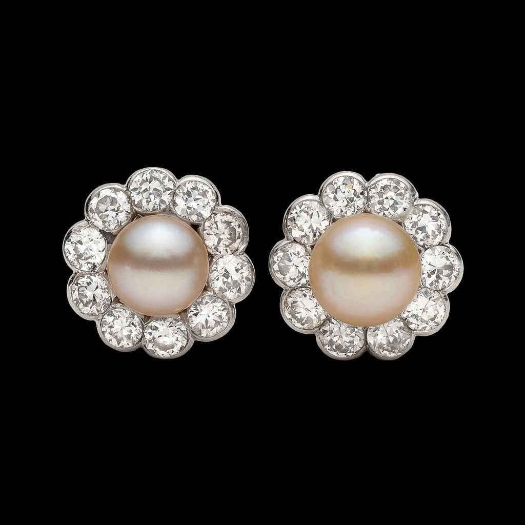 Antique Button Pearl & Diamond Earrings
