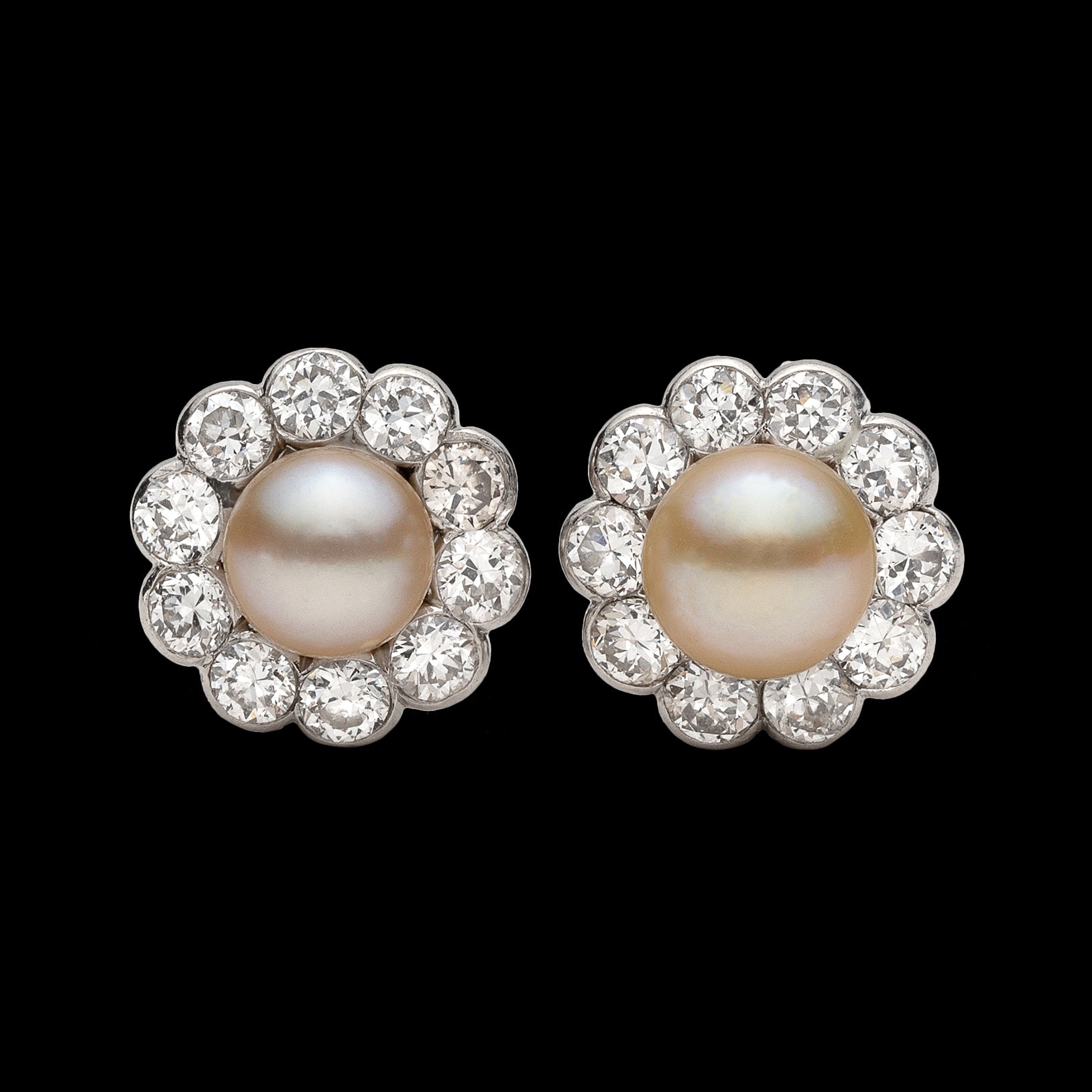 Antique Button Pearl Diamond Earrings Platinum Circa 1915