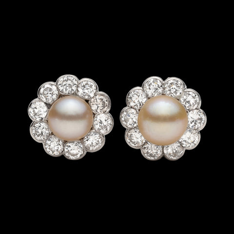 Antique Button Pearl & Diamond Earrings