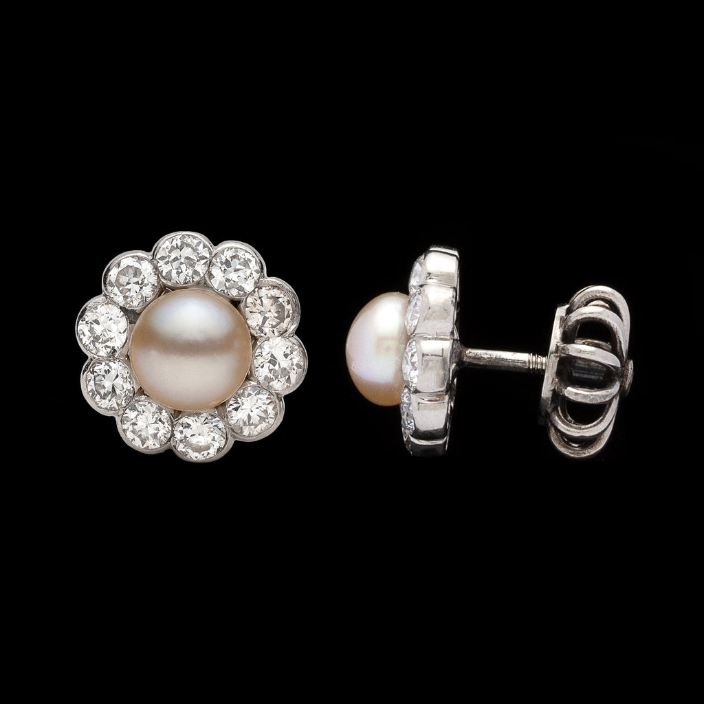 Antique Button Pearl & Diamond Earrings