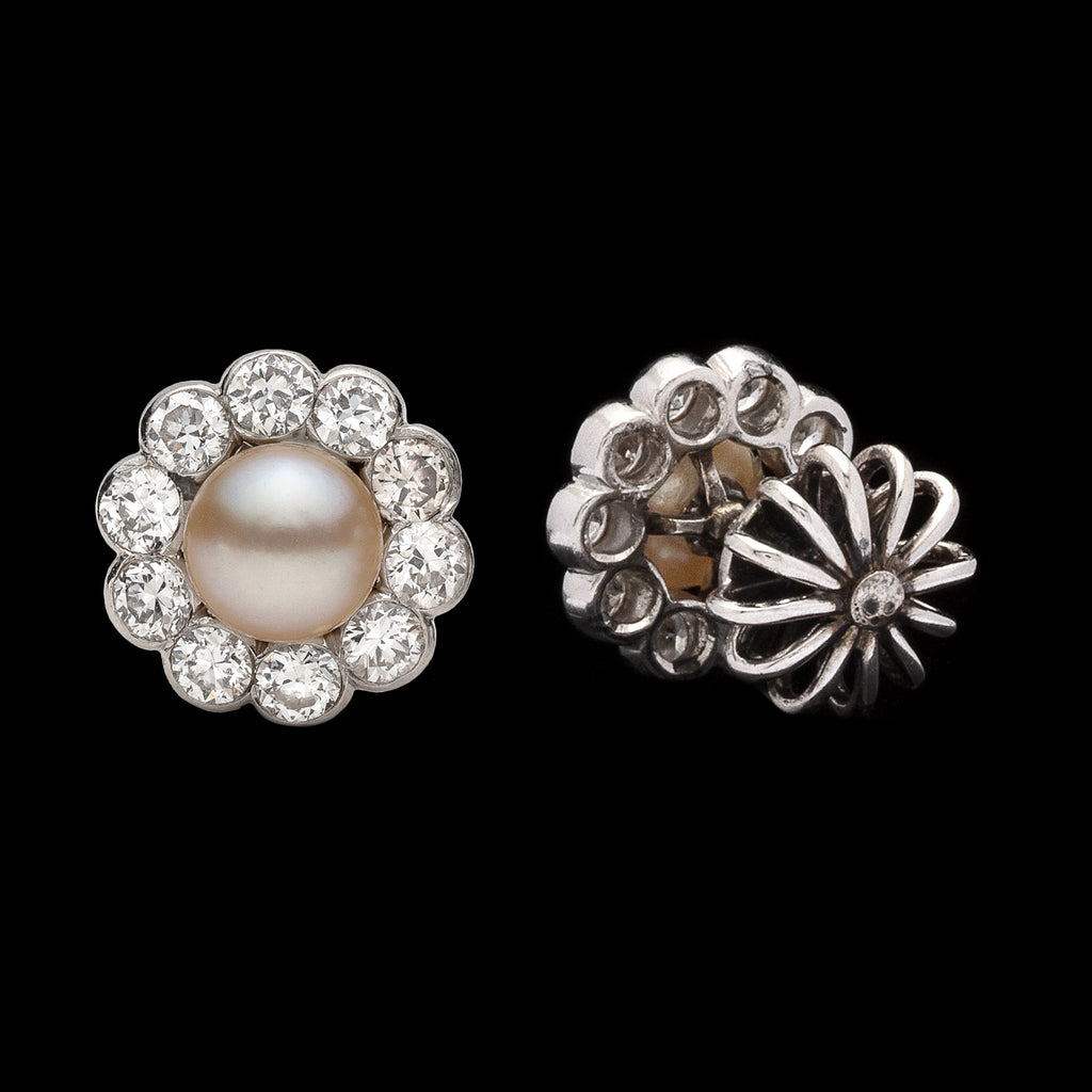 Antique Button Pearl & Diamond Earrings