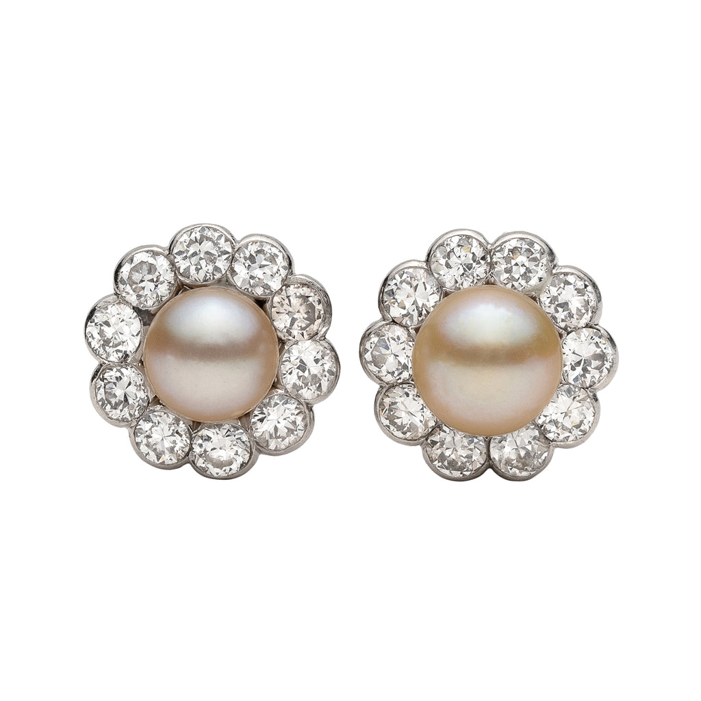 Antique Button Pearl & Diamond Earrings