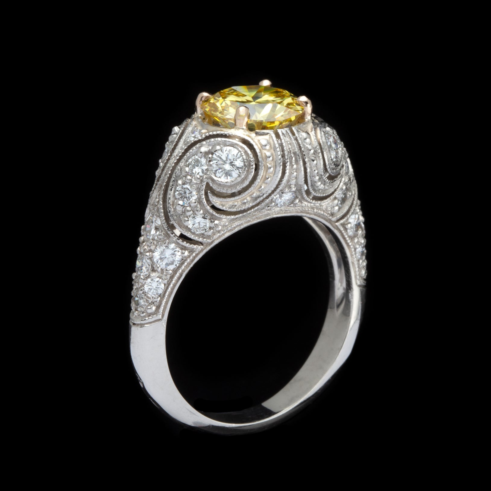 Rare 1. ct. Fancy Intense Yellow Diamond Ring Platinum French