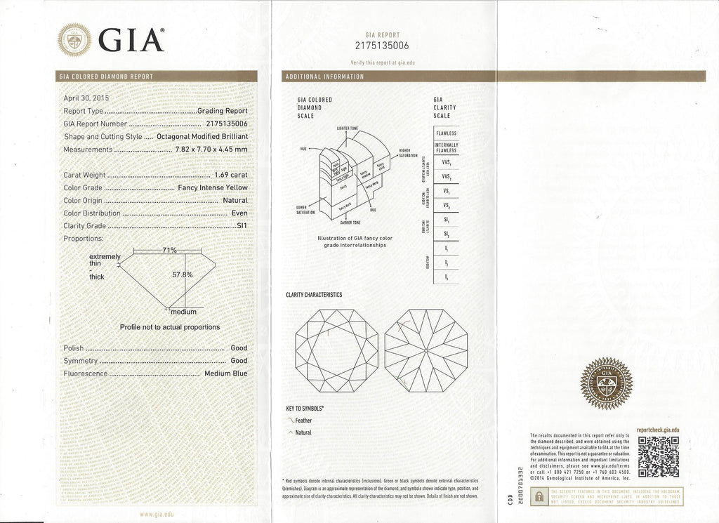 GIA 1.69-ct. Fancy Intense Yellow/SI1 Octagonal Modified Brilliant Loose Diamond