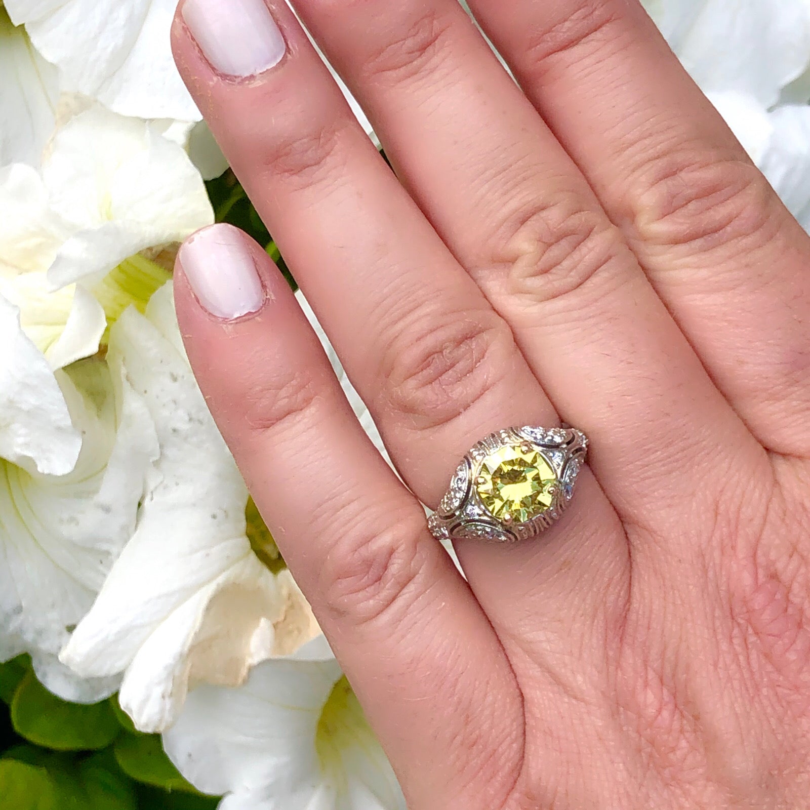 Rare 1. ct. Fancy Intense Yellow Diamond Ring Platinum French