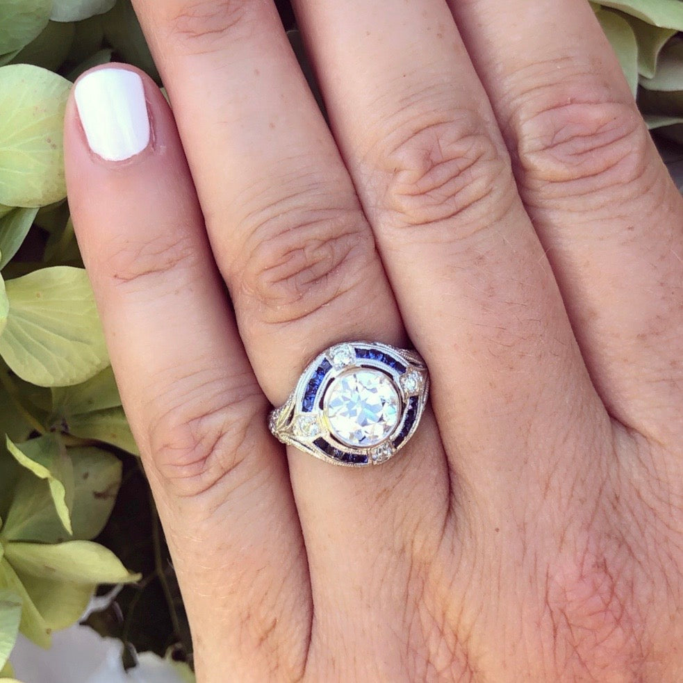 GIA 1.55-ct. F/SI1 Old European Cut Diamond & Blue Sapphire Ring