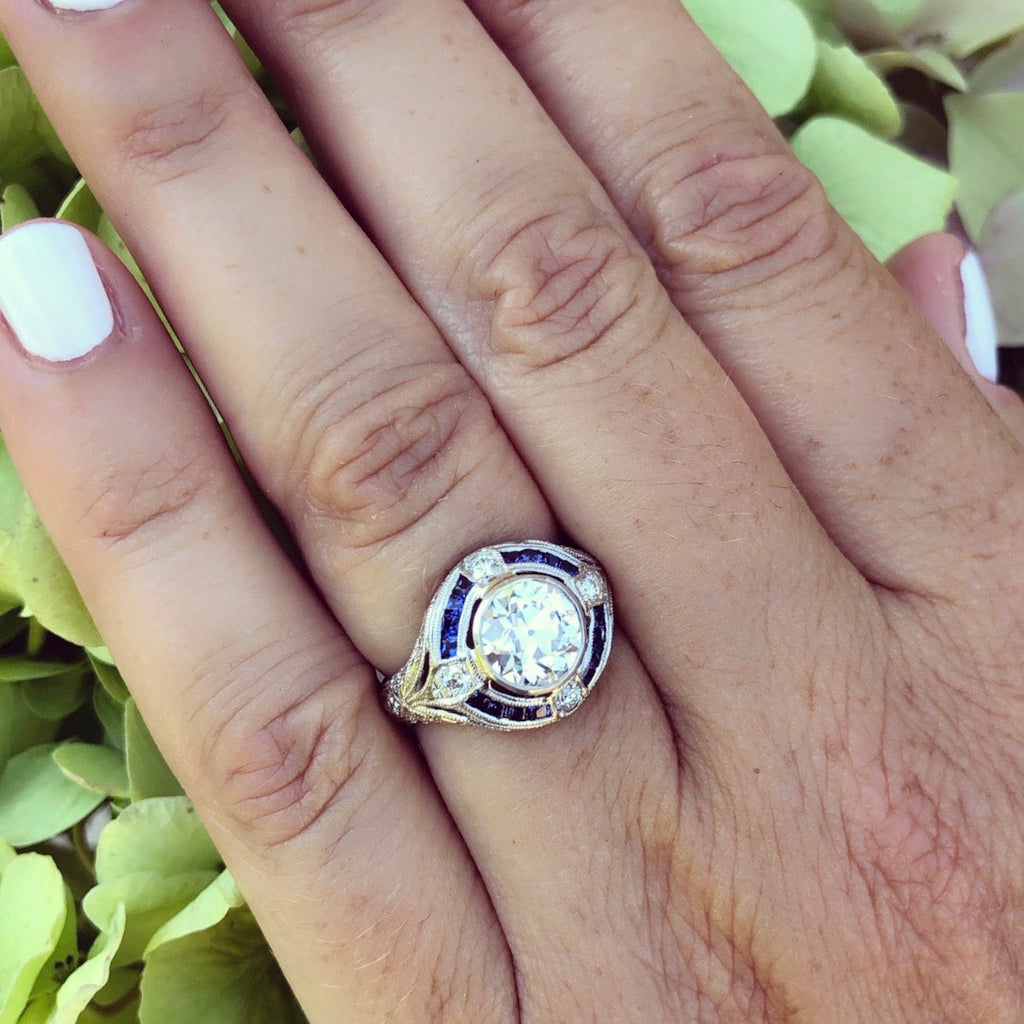 GIA 1.55-ct. F/SI1 Old European Cut Diamond & Blue Sapphire Ring