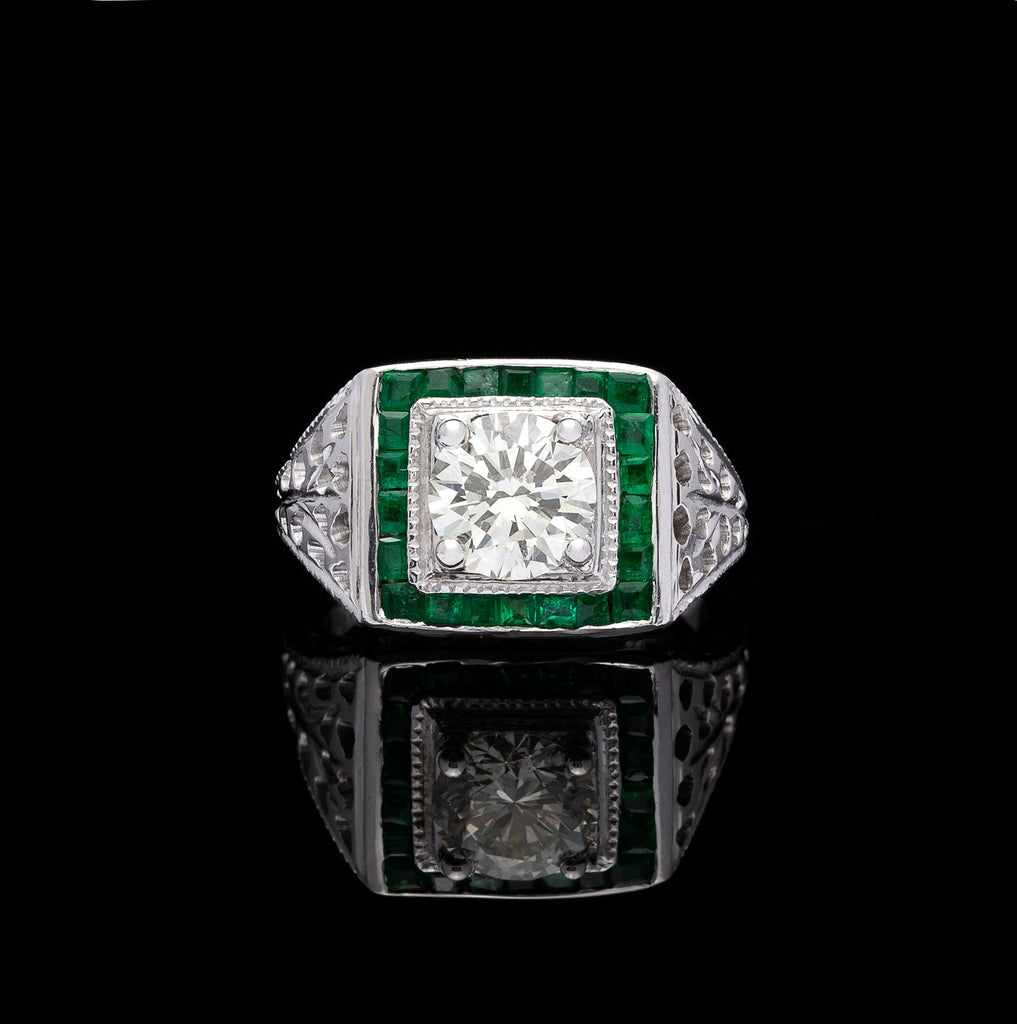 Estate Emerald Diamond & White Gold Ring