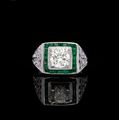 Estate Emerald Diamond & White Gold Ring