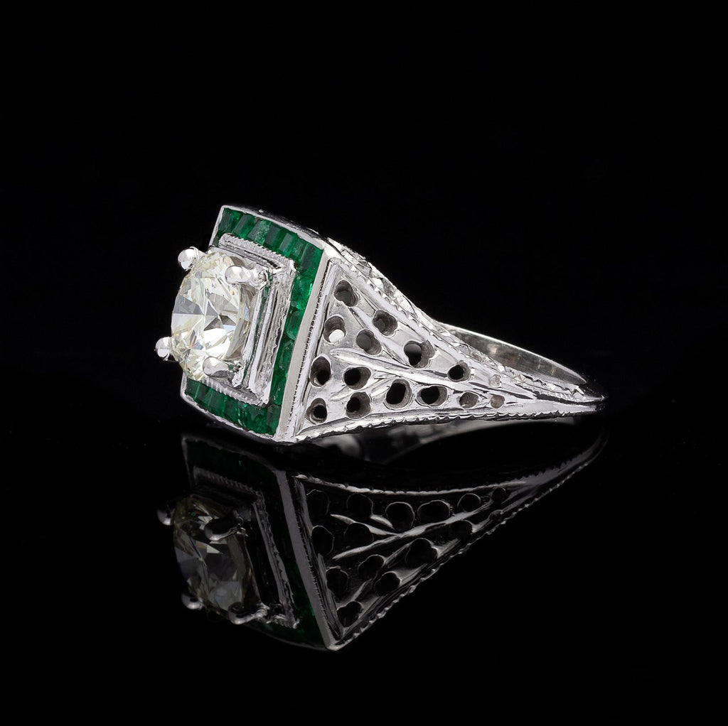 Estate Emerald Diamond & White Gold Ring