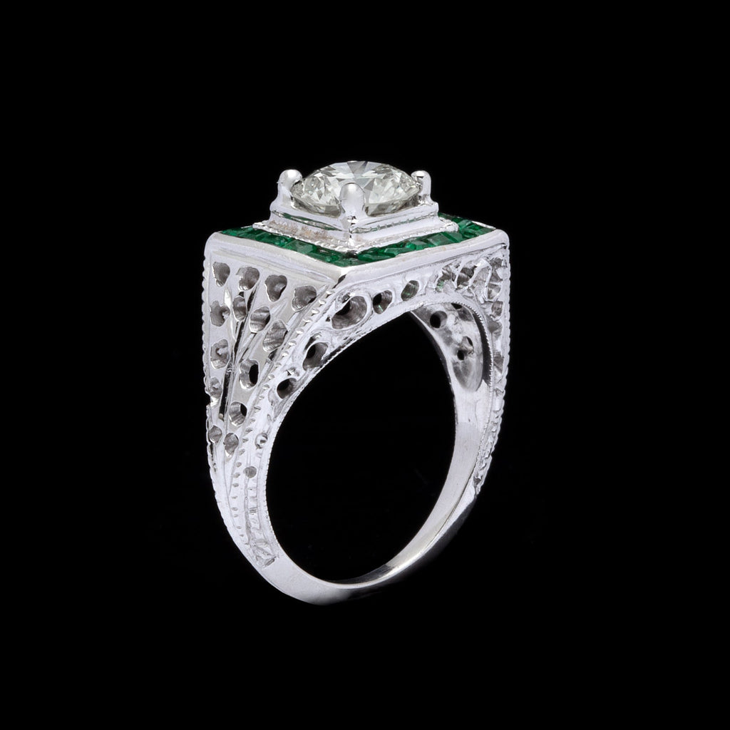 Estate Emerald Diamond & White Gold Ring