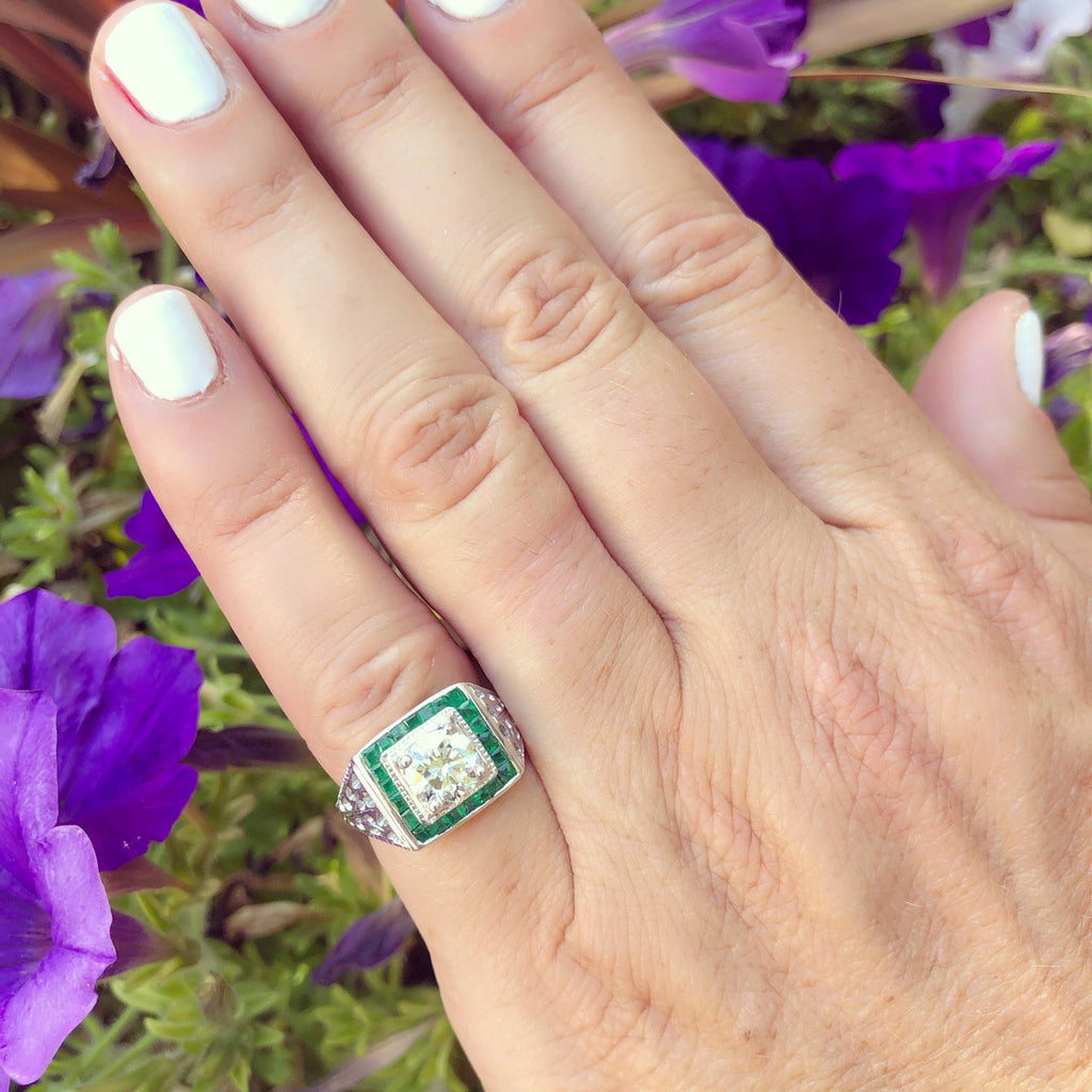 Estate Emerald Diamond & White Gold Ring