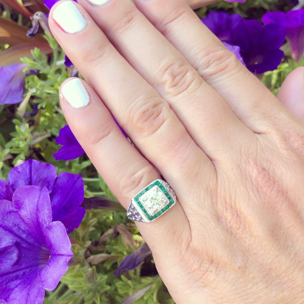 Estate Emerald Diamond & White Gold Ring