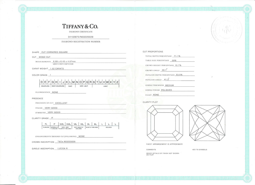 Tiffany & Co. 1.52ct. I/IF Lucida Diamond Engagement Ring