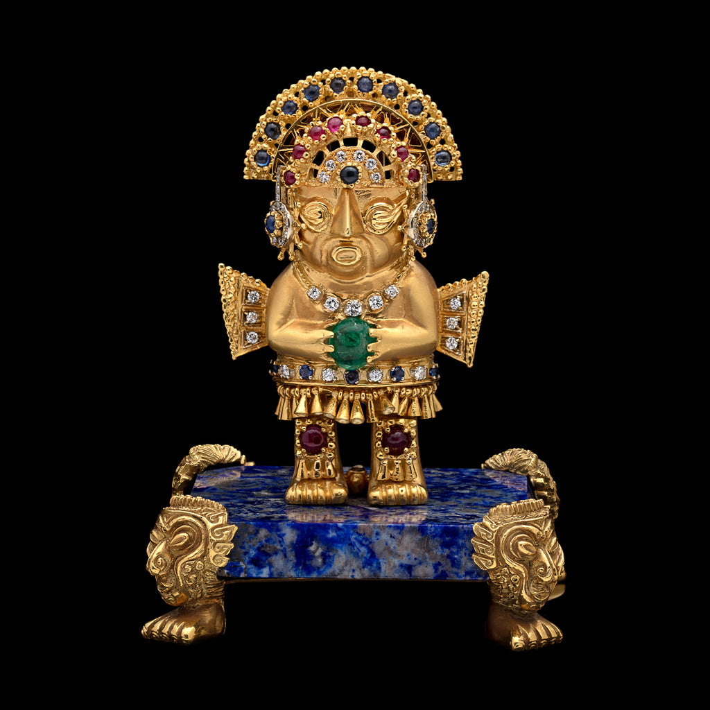 Unique Gem-set Gold Inca Warrior Brooch with Pedestal