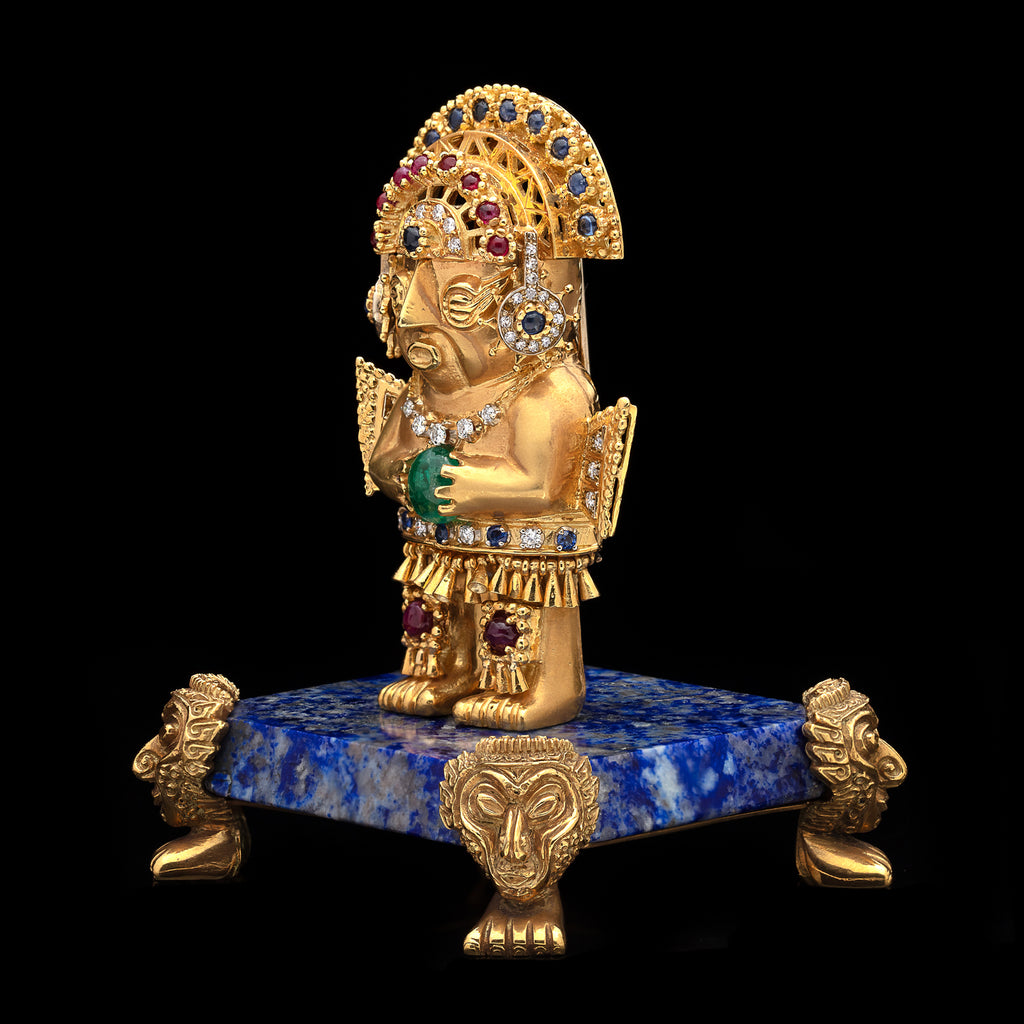 Unique Gem-set Gold Inca Warrior Brooch with Pedestal