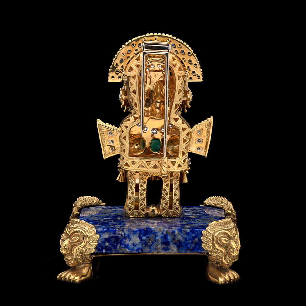 Unique Gem-set Gold Inca Warrior Brooch with Pedestal