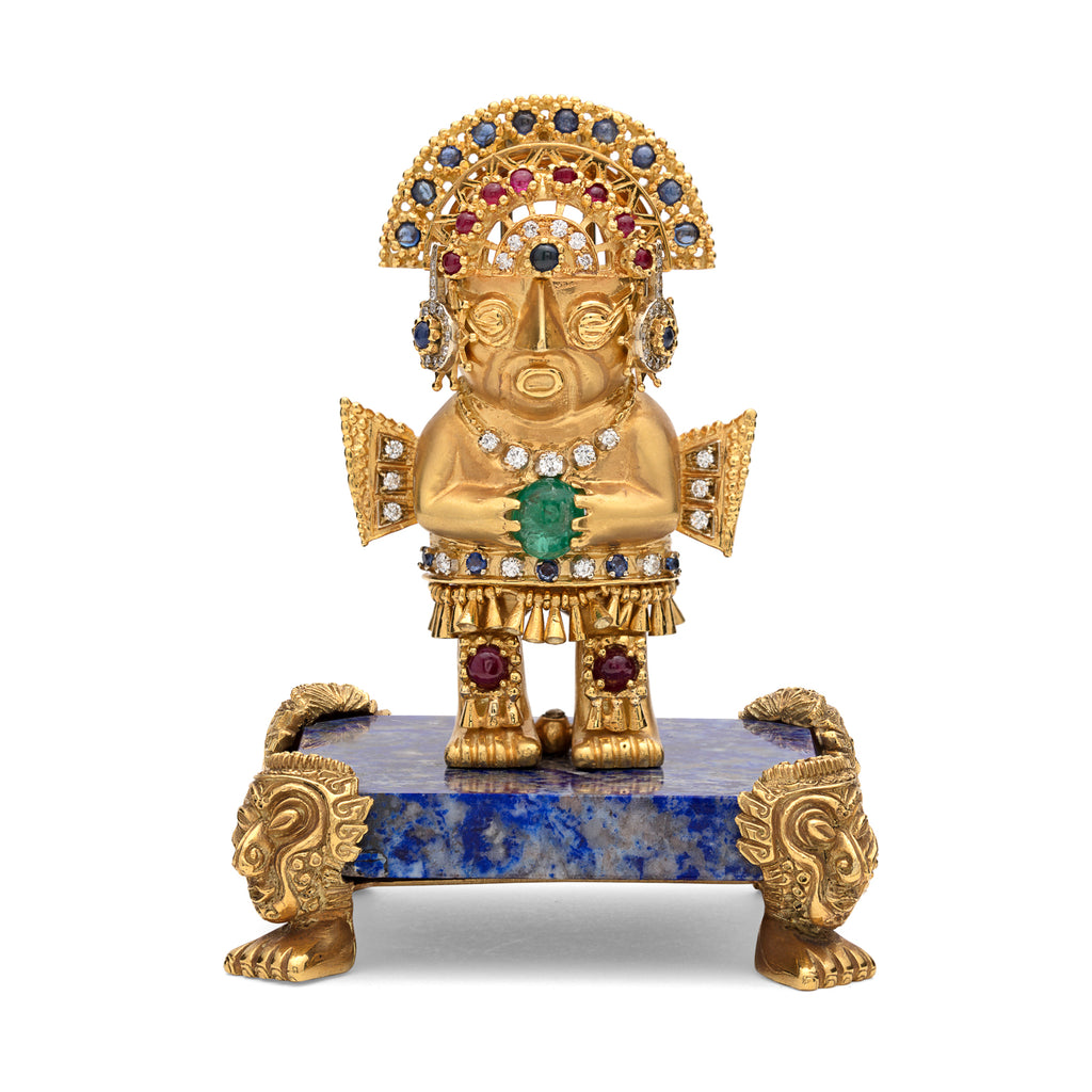 Unique Gem-set Gold Inca Warrior Brooch with Pedestal