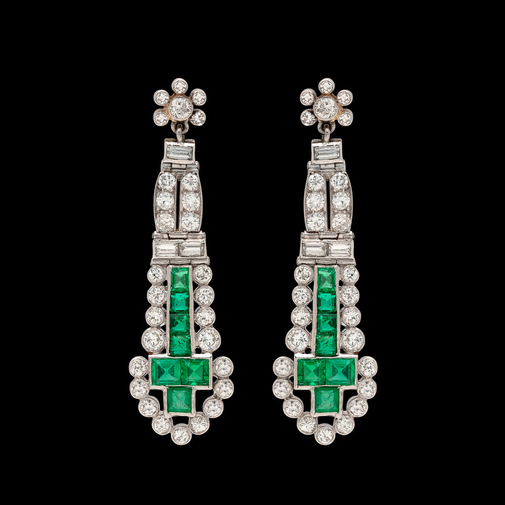 Emerald and Diamond Art Deco Platinum Drop Earrings