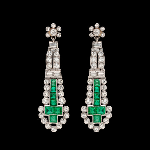 Emerald and Diamond Art Deco Platinum Drop Earrings