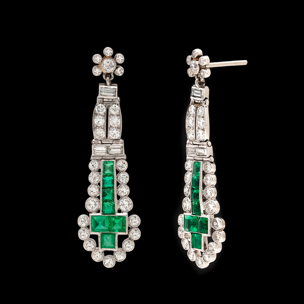 Emerald and Diamond Art Deco Platinum Drop Earrings