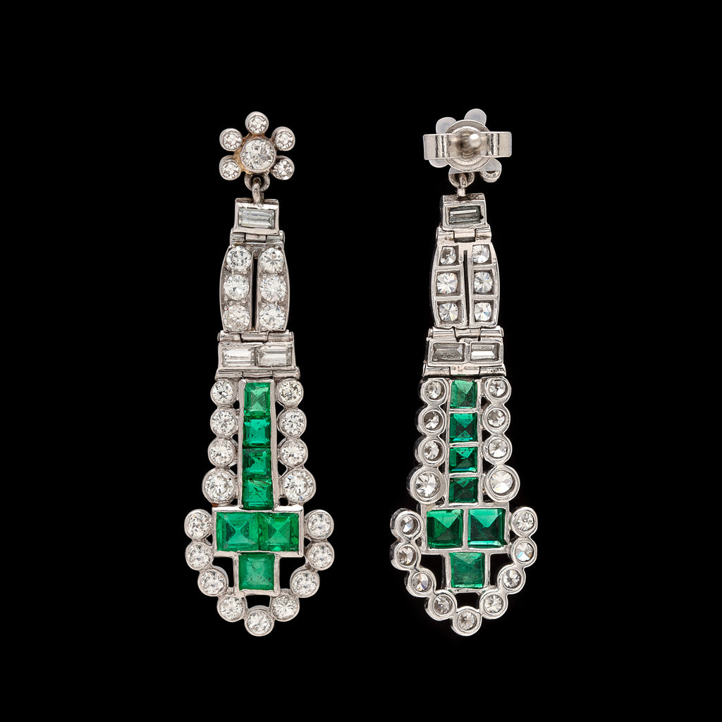 Emerald and Diamond Art Deco Platinum Drop Earrings