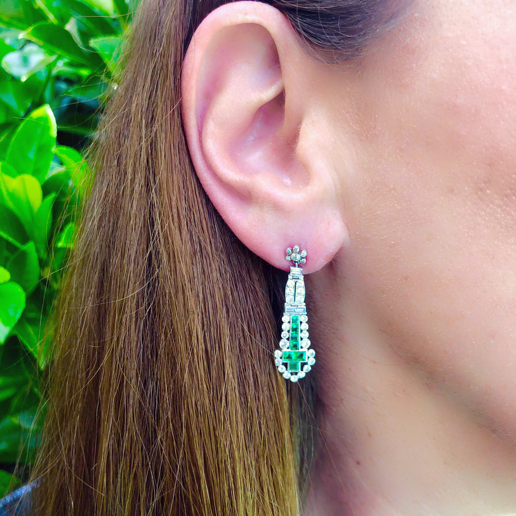 Emerald and Diamond Art Deco Platinum Drop Earrings