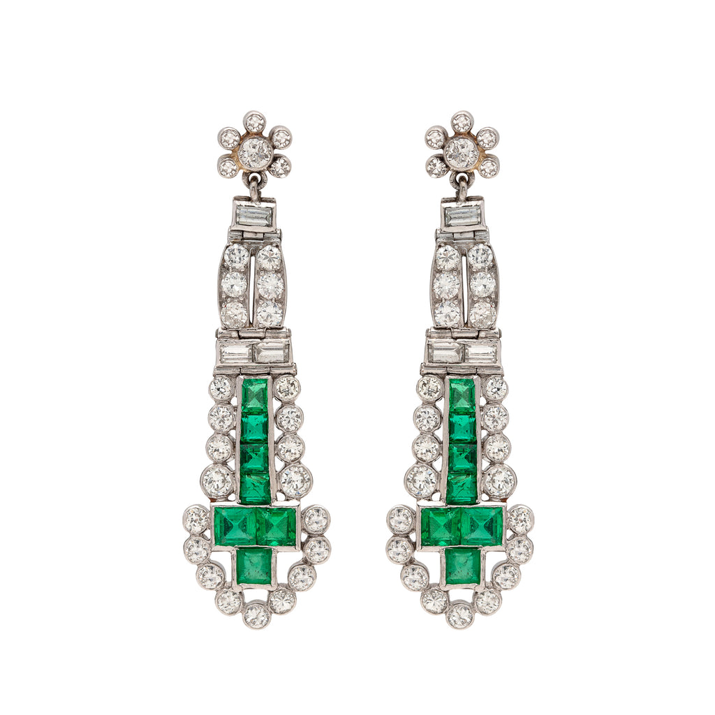 Emerald and Diamond Art Deco Platinum Drop Earrings