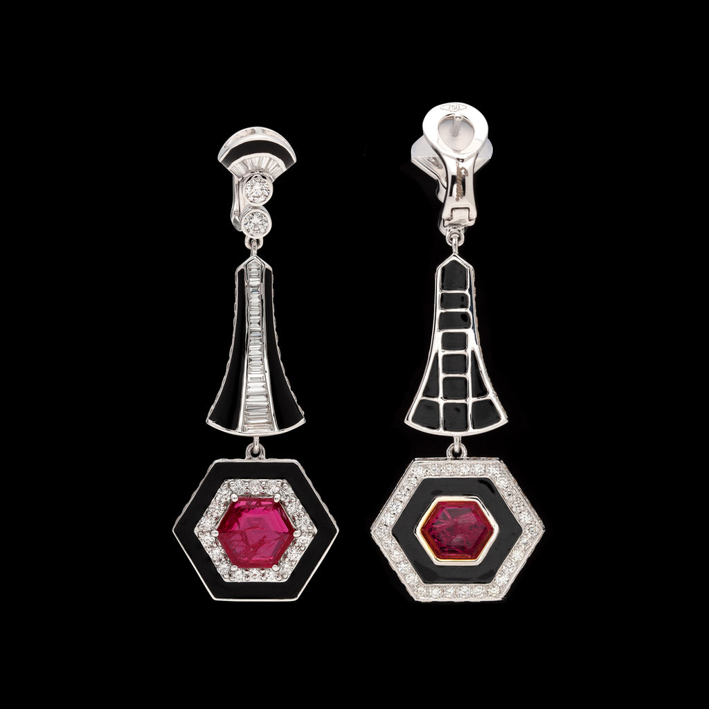 Salavetti Ruby Diamond & Enamel Drop Earrings