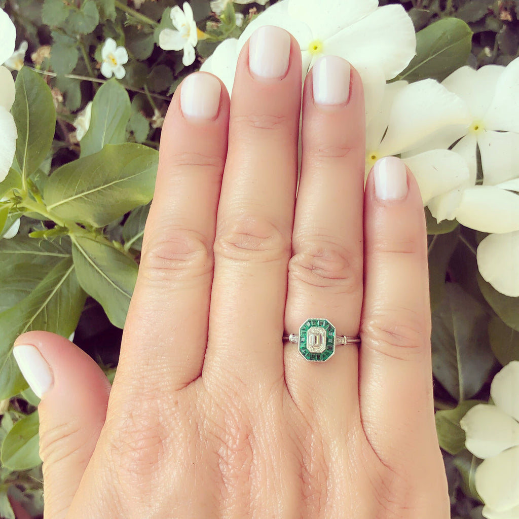 Diamond and Emerald Deco Style Ring
