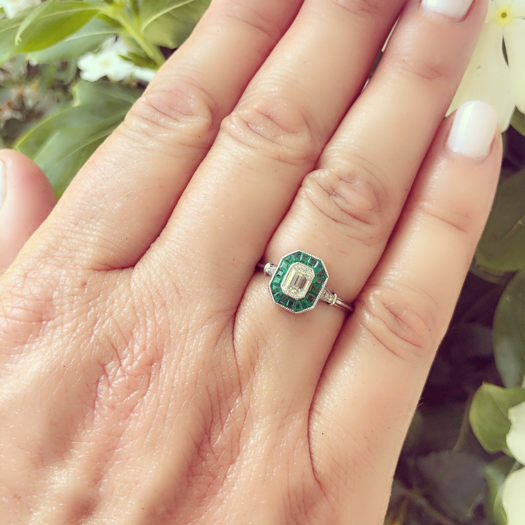 Diamond and Emerald Deco Style Ring